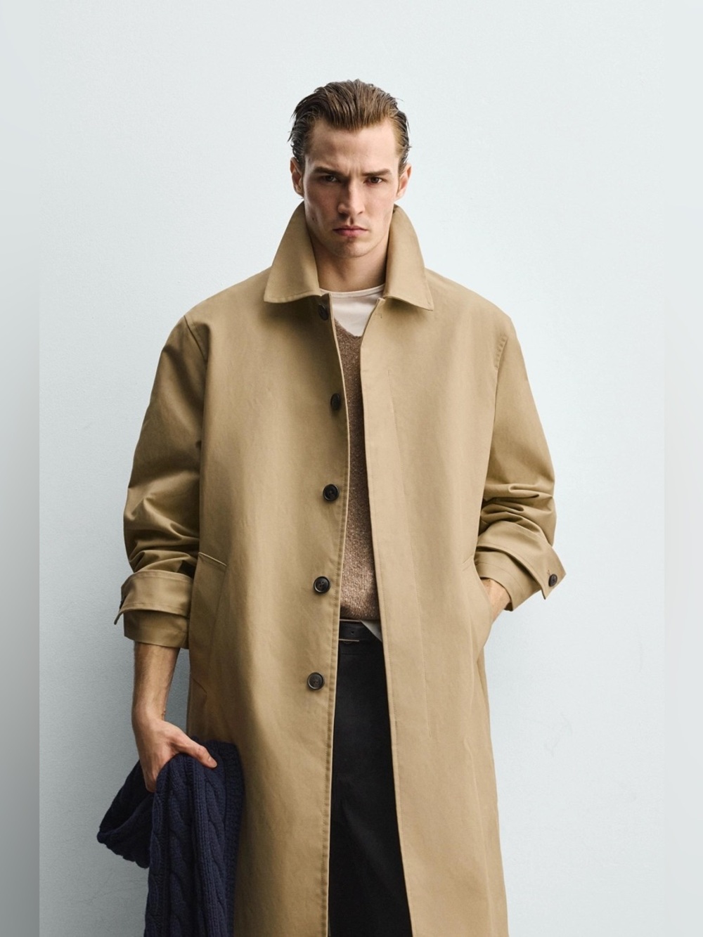 NWT Zara Men's Trench Coat Overcoat Relaxed fit Tan Beige Size M